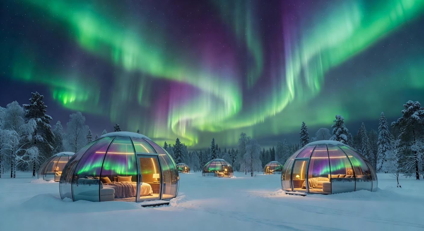 Northern lights over luxury glass igloos in Finland